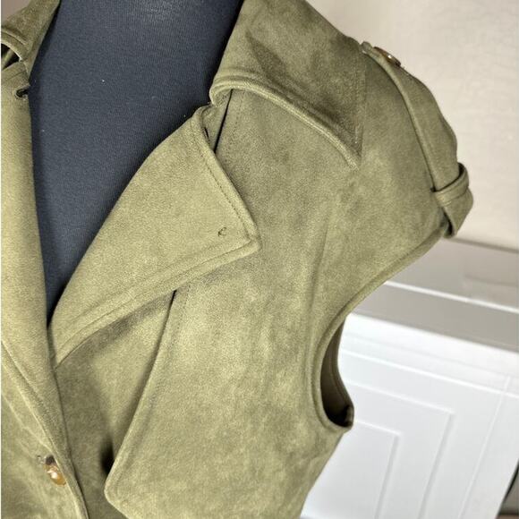 Laundry by Shelli Segal Faux Suede Gilet Jacket Sleeveless Epaulettes Green Sz S - Picture 10 of 16